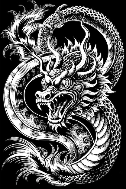 The japanese dragon vector illustration engraving | Premium AI ...