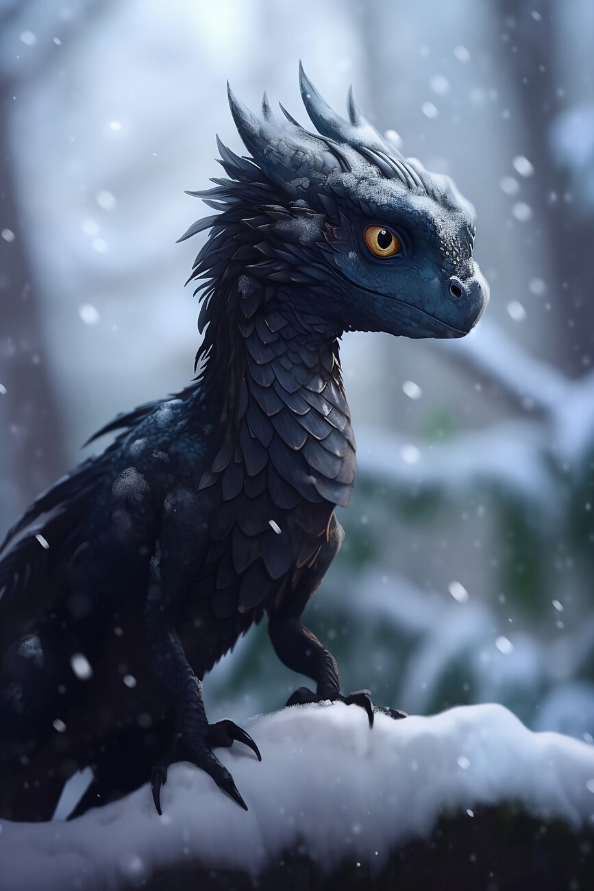 Art Print Cute black dragon in snowy forrest