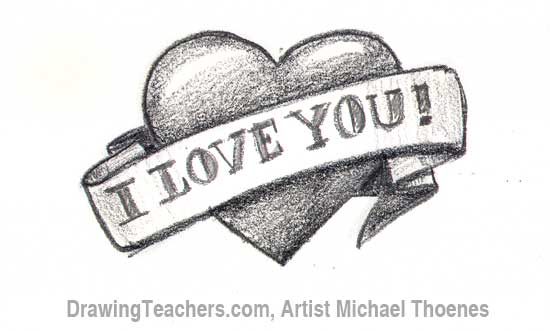drawings of hearts with banners
