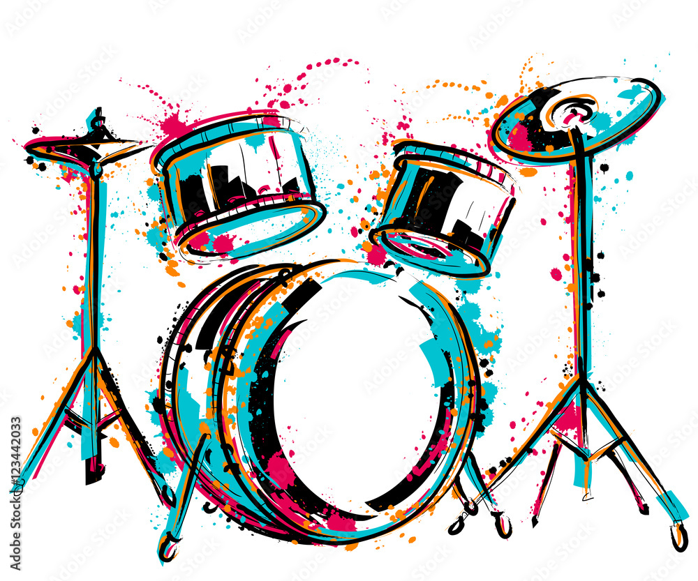 Poster, Wandbilder Drum kit with splashes in watercolor style, 40x33.3 cm