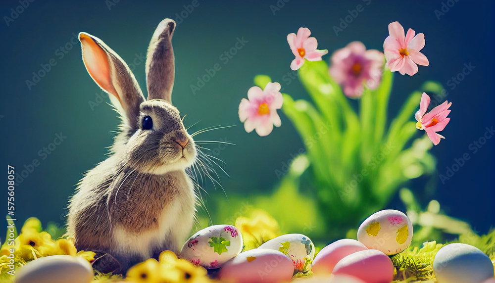 Poster, Wandbilder easter bunny with easter eggs, Generative AI Art  Illustration 01, 40x22.2 cm