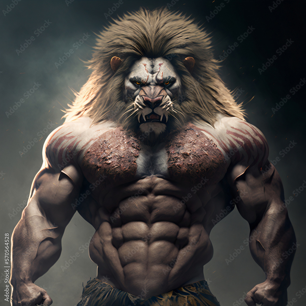 Evil lion with big muscles jock, portrait generative ai Stock ...