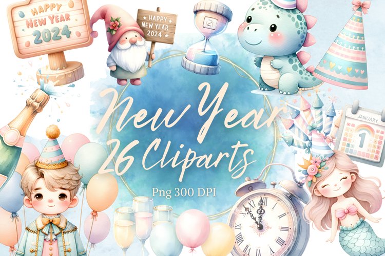 26 Happy New Year 2024 Clipart Watercolor Illustration