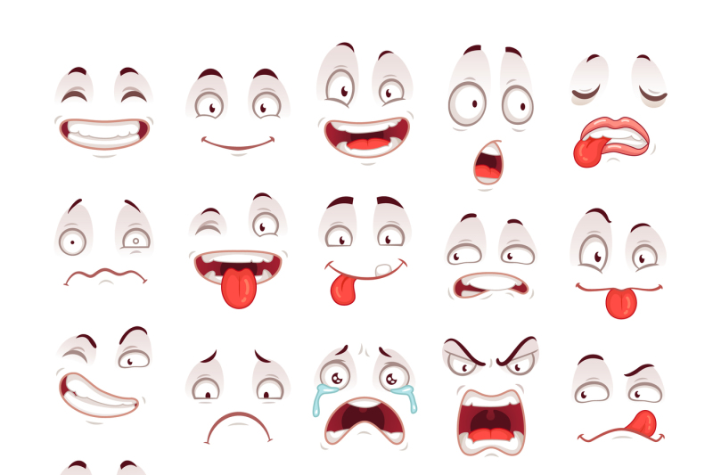 Cartoon faces. Happy excited smile laughing unhappy sad cry and ...