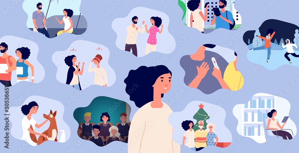Stock-Vektorgrafik „Woman life memories. Positive girl and her ...