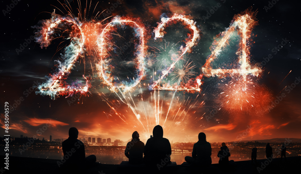 Firework explosion in the night sky celebrating happy new year ...