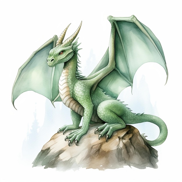 Green watercolor dragon clipart colored fairy tale mythological ...