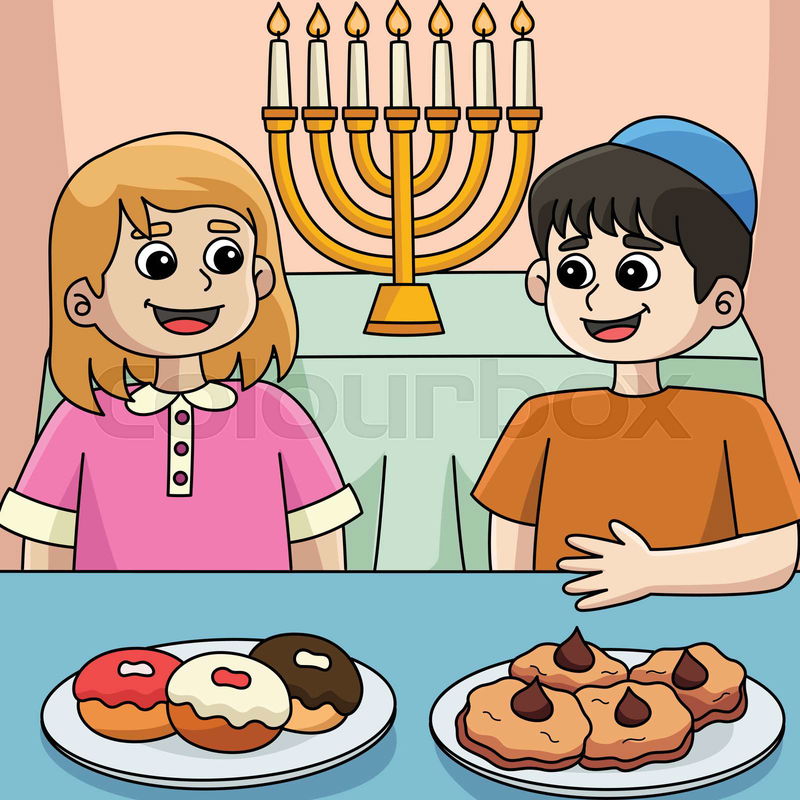 This cartoon clipart shows a Hanukkah Boy and Girl Feasting ...