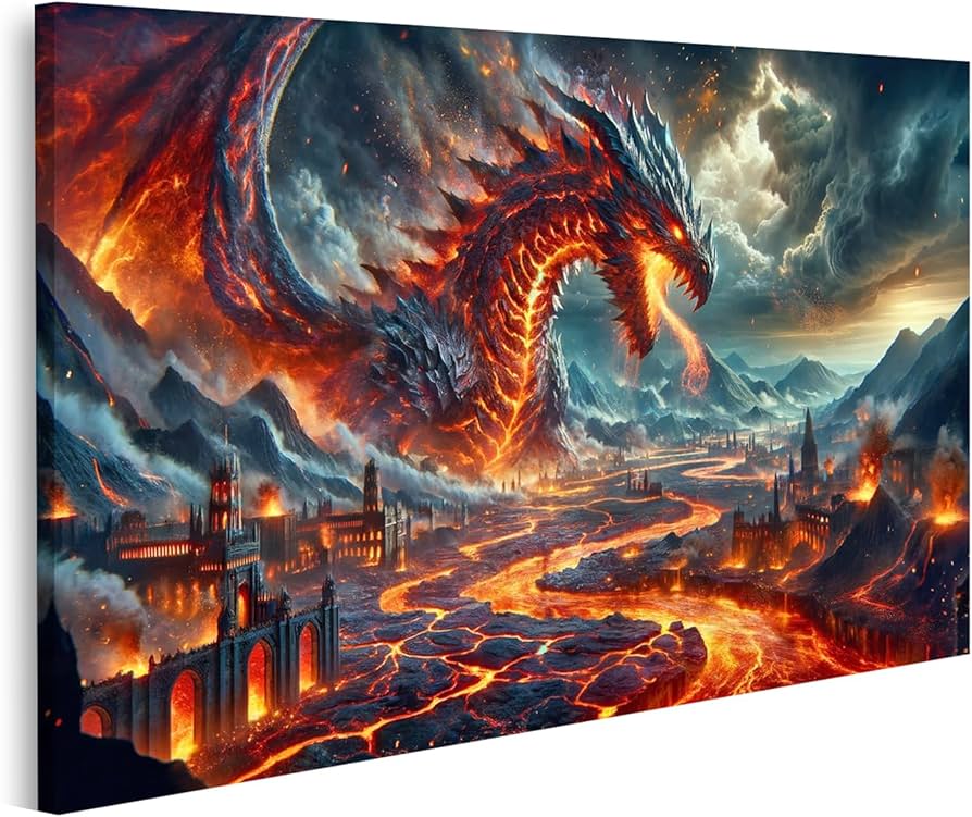 islandburner Wall Picture Dragon Speit Fire Over the City Fantasy Fire  Dragon on Canvas Picture Poster : Amazon.de: Home &amp; Kitchen