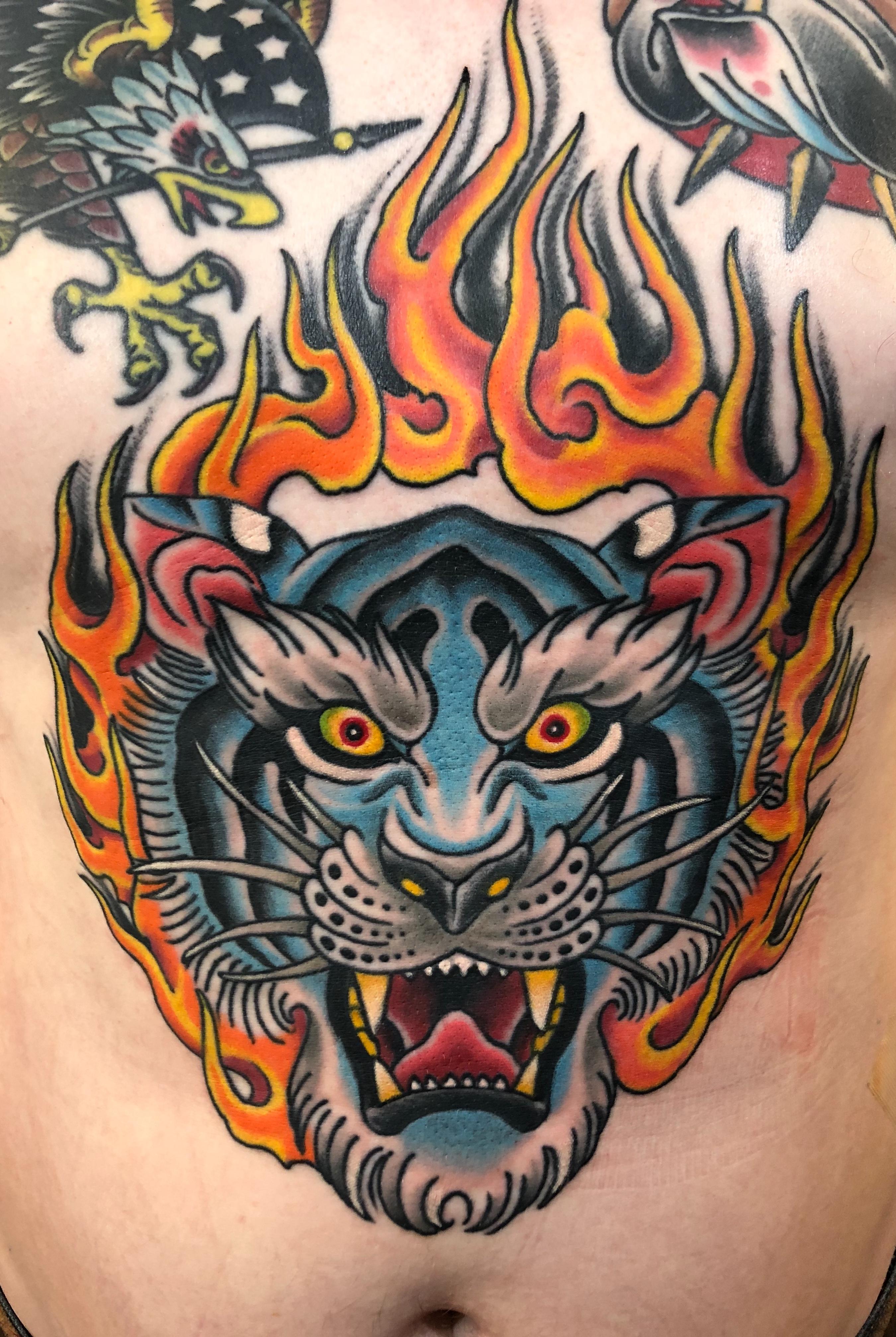Traditional white tiger jumping through a ring of fire. Done by ...