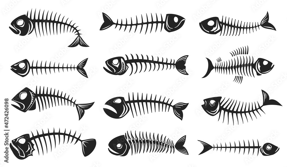 Stock-Vektorgrafik „Fish bone icons, fishbone isolated skeleton ...