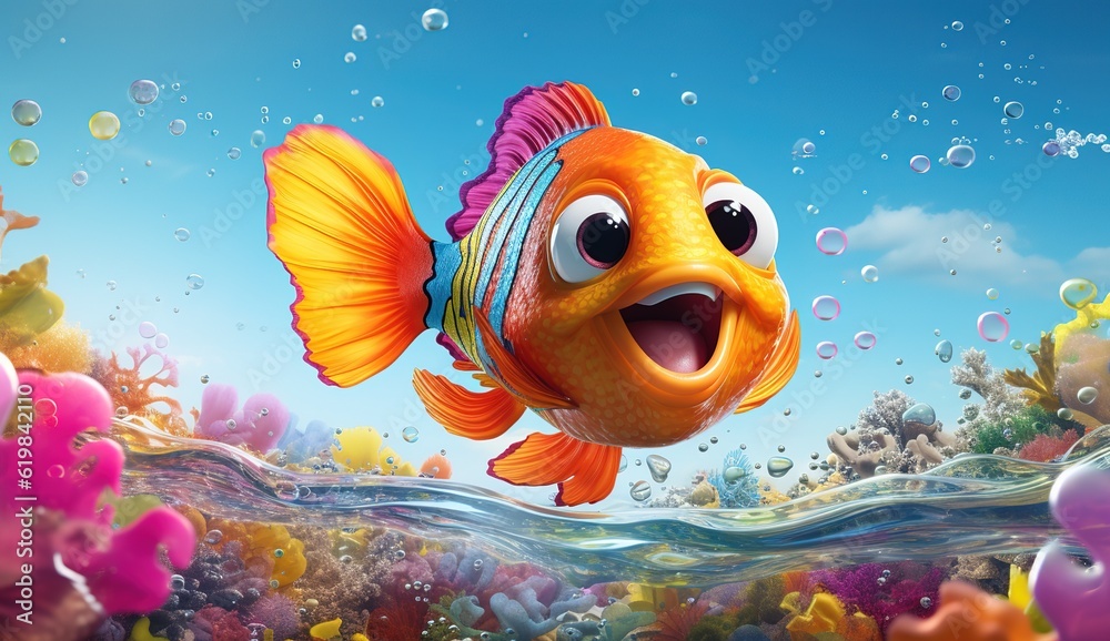Poster, Wandbilder cute fish cartoon, goldfish, 40x22.2 cm