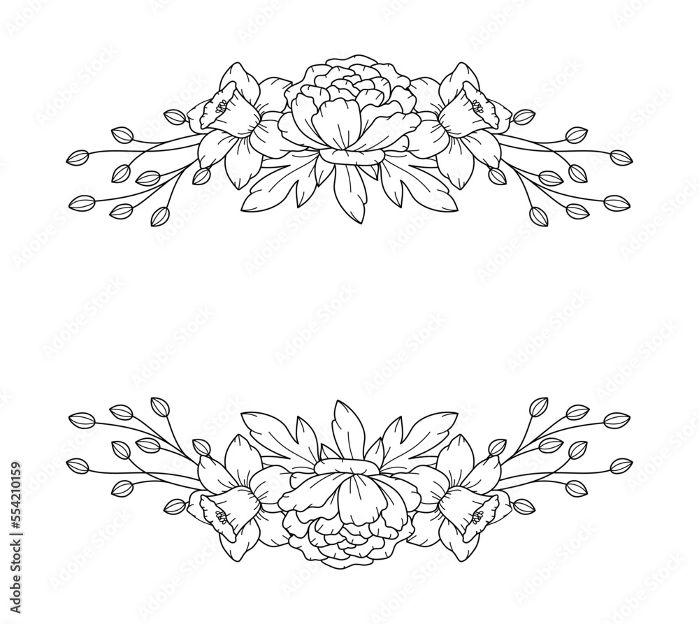 Frame floral border arrangement. Line art peony and daffodils ...