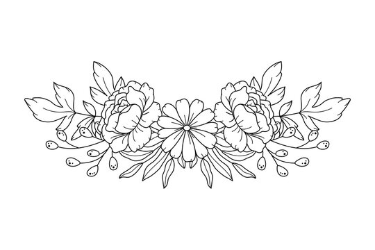 Floral border arrangement. Line art peony and daisy flowers and ...