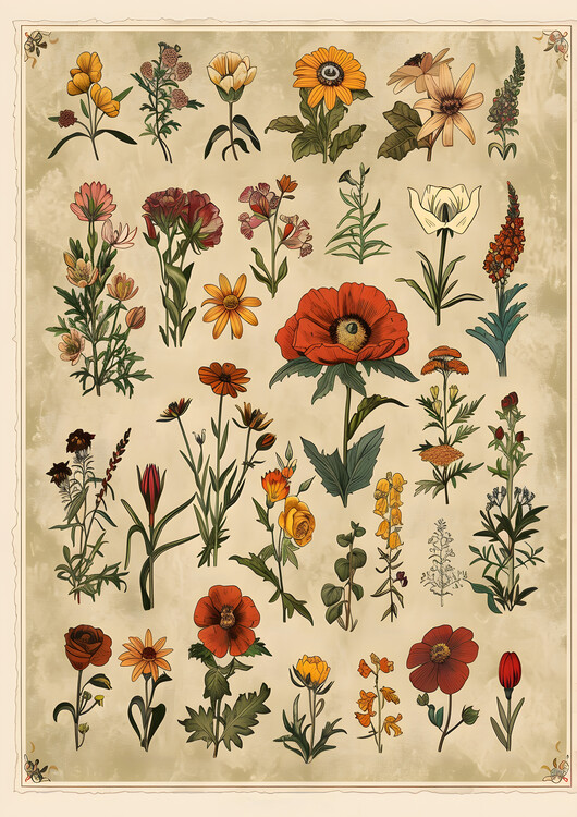 Art Print Vintage Flowers Poster Retro Floral Pattern Postcard