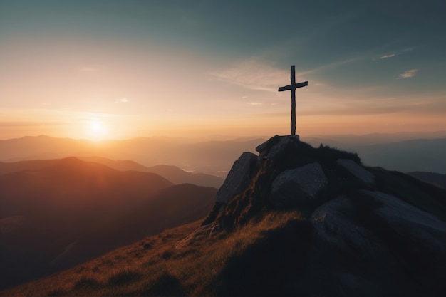 View of religious cross on mountain top with sky and clouds | AI ...