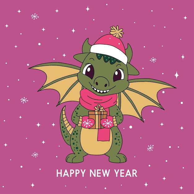 Premium Vector | Christmas card with cute green dragon symbol of ...