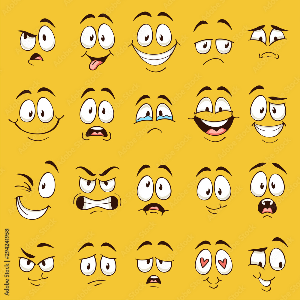 Cartoon faces. Funny face expressions, caricature emotions. Cute ...