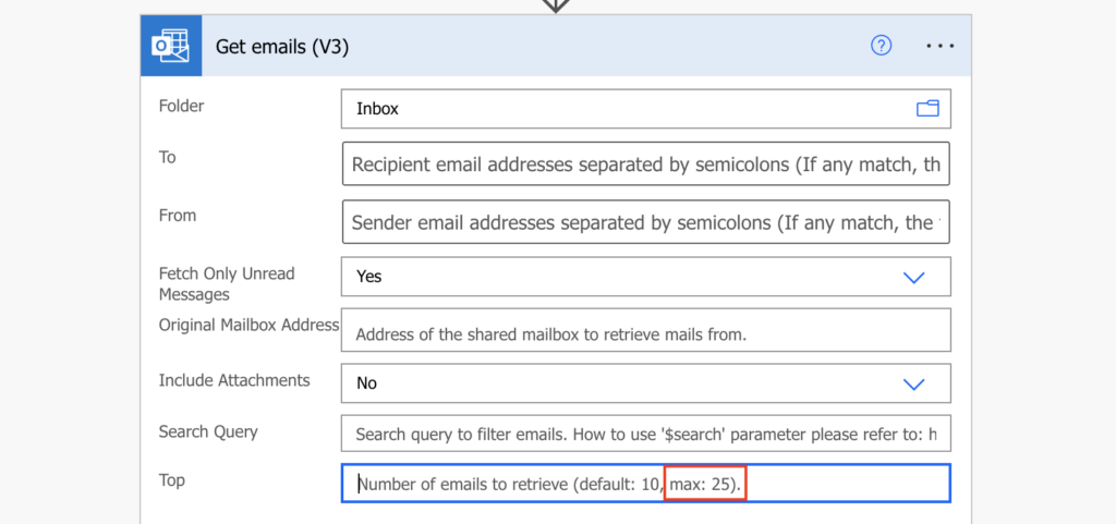 How to get more than 25 emails from a mailbox (Power Automate)