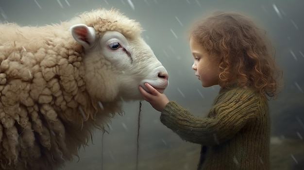 A little girl petting a sheep in the rain | Premium AI-generated image