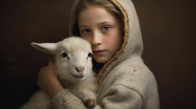 A girl holding a lamb with the word lamb on it | Premium AI ...