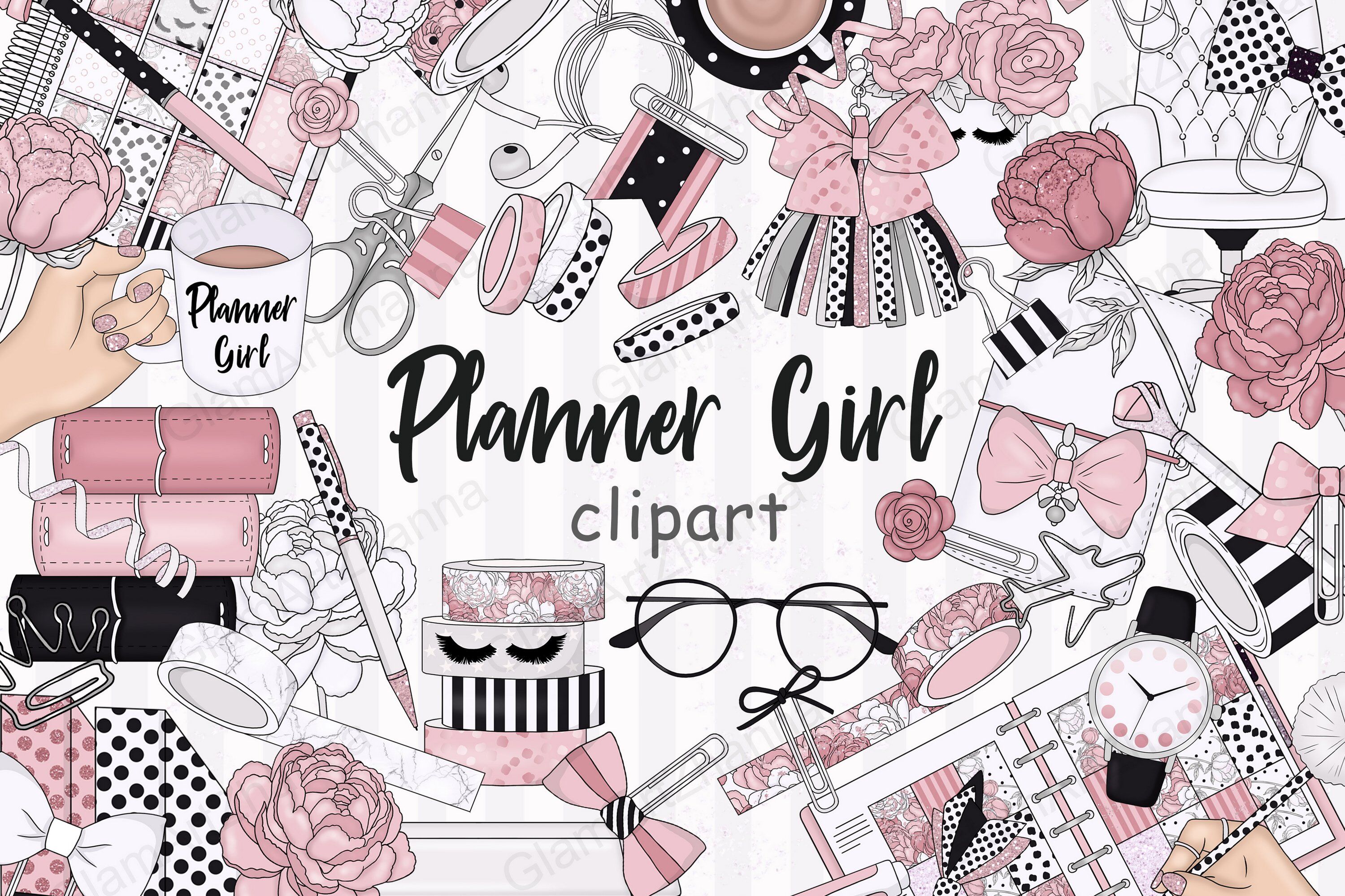 Planner Girl Clipart | Pink Office Illustration By GlamArtZhanna ...