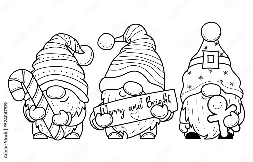 Cute cartoon Christmas gnome with gifts for coloring book.Line art ...