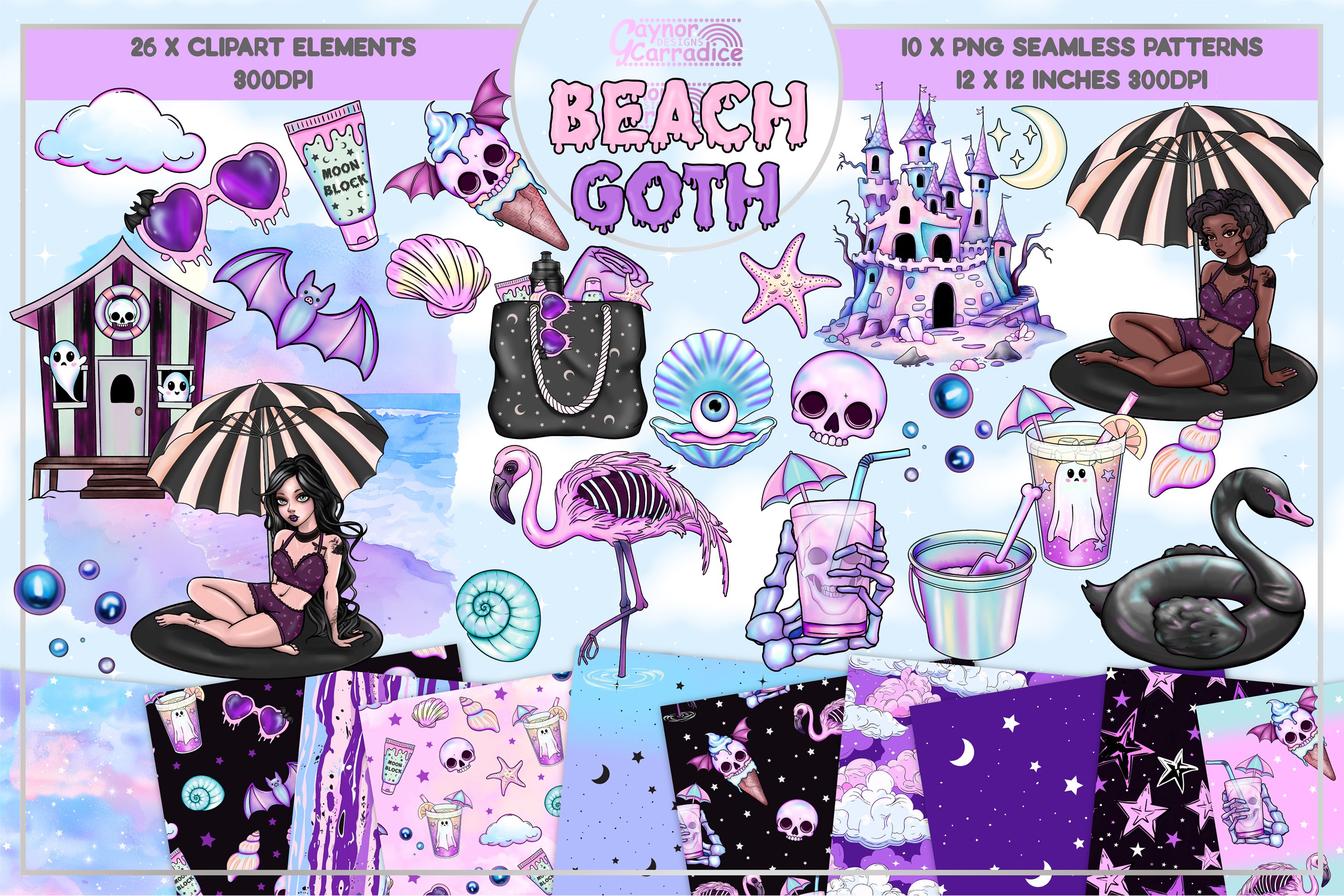 Pastel goth summer clipart bundle, clipart and digital paper