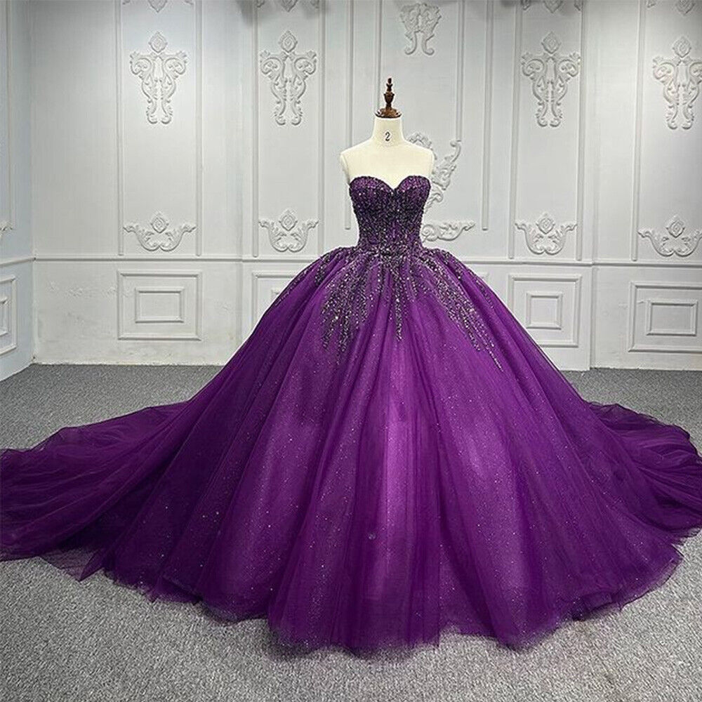 Glitzer lila Prinzessin Hochzeitskleider Spitze Applikationen Perle  trägerlos Ba