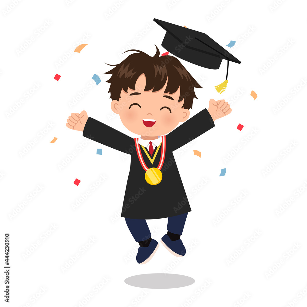 Stock-Vektorgrafik „Cute boy celebrates graduation with confetti ...