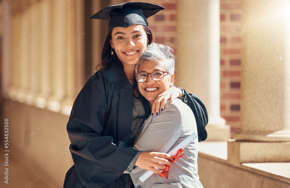 Graduation, university and portrait of mother with girl at ...