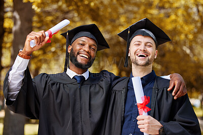 Graduation, men and portrait of friends celebrate achievement ...
