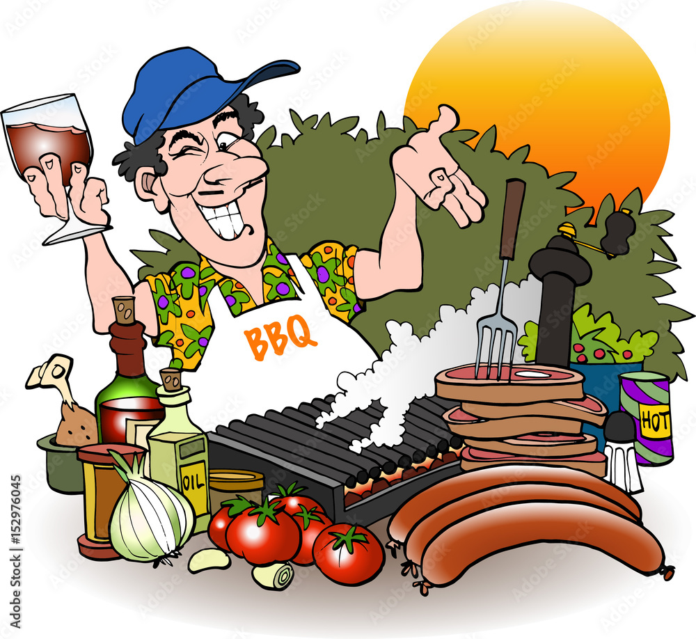 Barbeque grill master inviting cartoon drawing Stock-Illustration ...