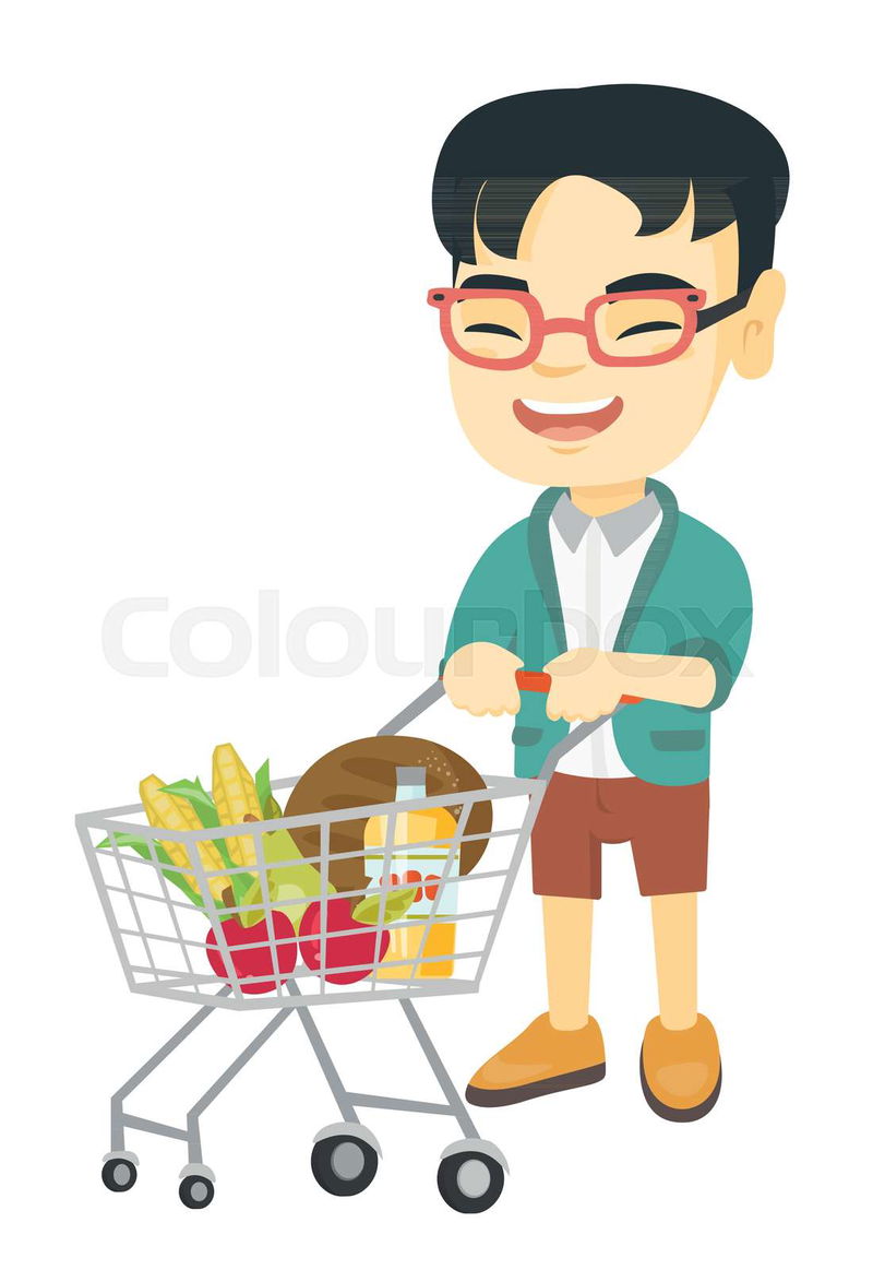 Little asian boy with his shopping trolley filled with groce ...