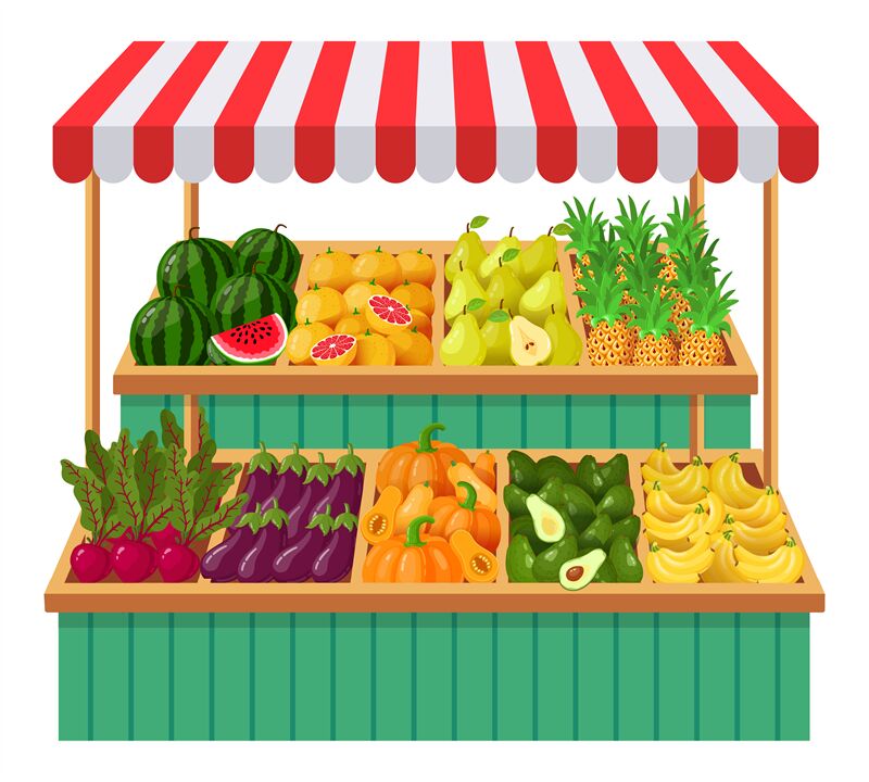 Vegetables supermarket stall. Fruits, vegetables wooden counter ...