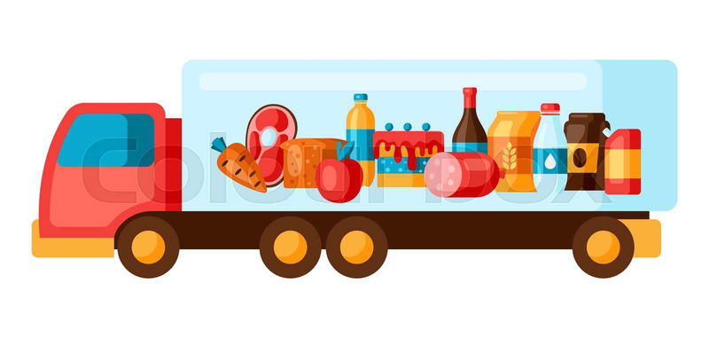 Illustration of truck with food. Delivery to grocery superma ...
