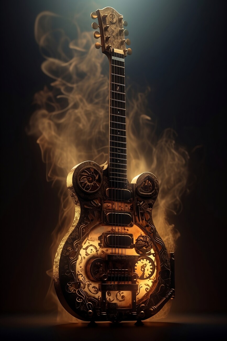 Kunstdruck An epic steampunk guitar with smoke and fire shooting ...