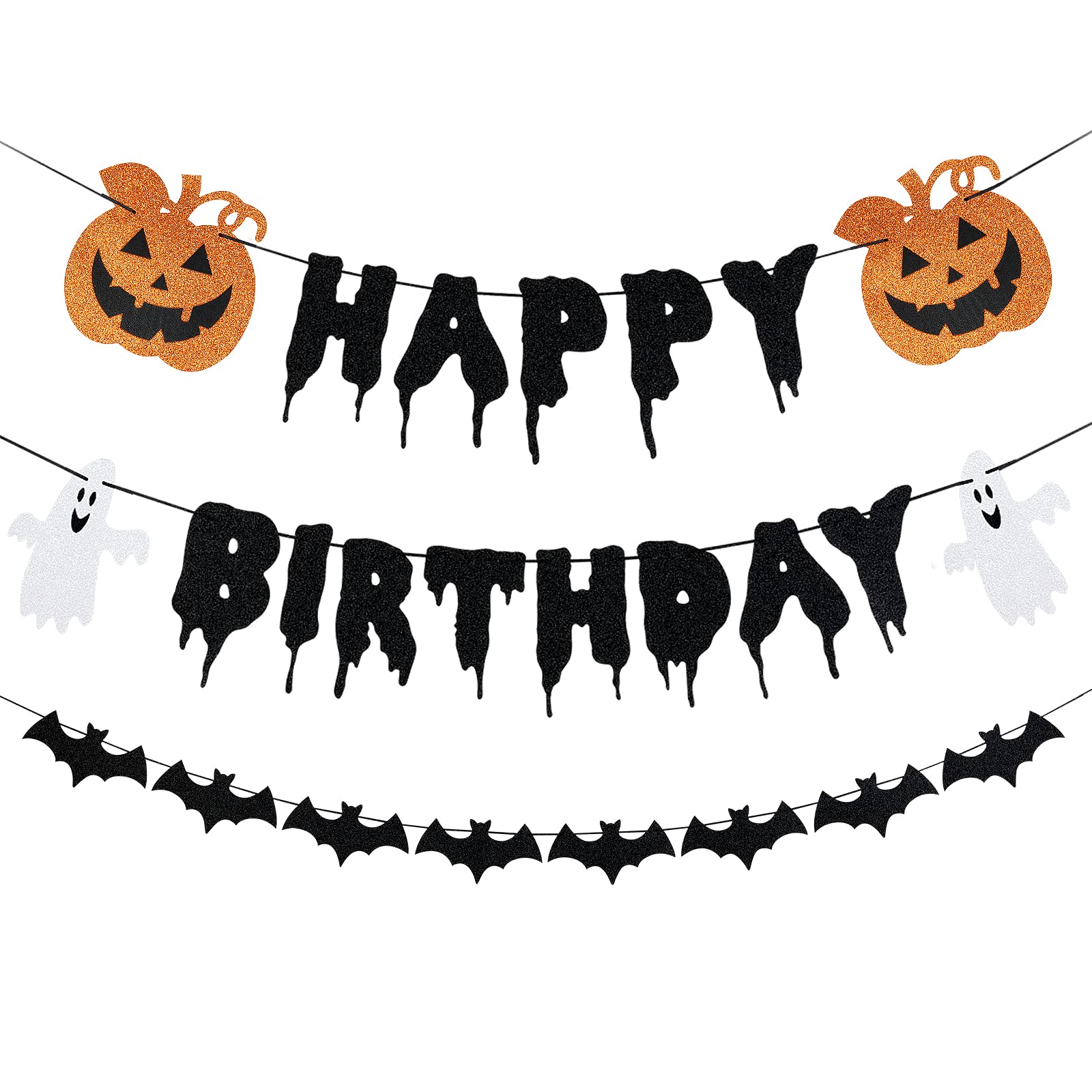 Black Halloween Birthday Decorations, Black Glitter Happy Birthday Banner  and Black Glitter Banner, Bat Decorations, Halloween Party Supplies, ...