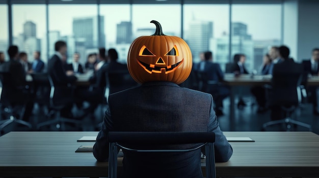 Man with Halloween pumpkin head in a business meeting ...