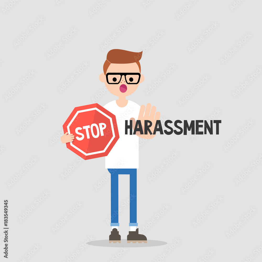 Stop harassment. Conceptual illustration. Young character holding ...