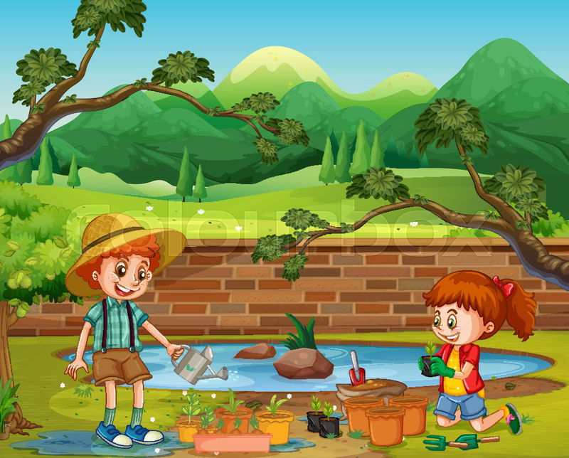 Stock foto af clipart, børn, have | Colourbox
