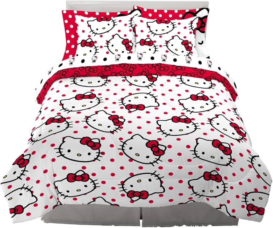 Franco Sanrio Hello Kitty Polka Dot Duvet Cover Set, 7-Piece Super Soft  Duvet and Sheet Set with Pillow Case, Queen (100% Officially Licensed) ...