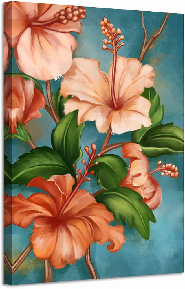 LevvArts Tropical Flowers Wall Art Hawaii Hibiscus Painting Canvas Picture  Botanical Art Vintage Orange and Teal Wall Decoration for Living Room ...