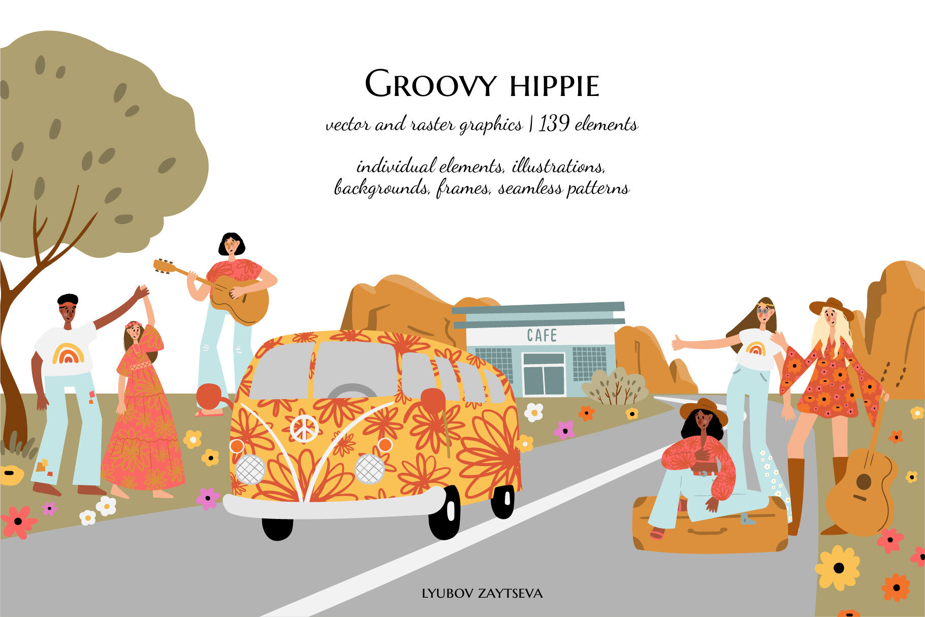 groovy hippie clipart, retro 70s hippy bus clip art, road trip ...