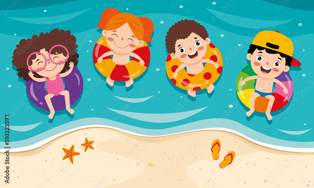 Summer Holiday With Cartoon Kids Stock-Vektorgrafik | Adobe Stock