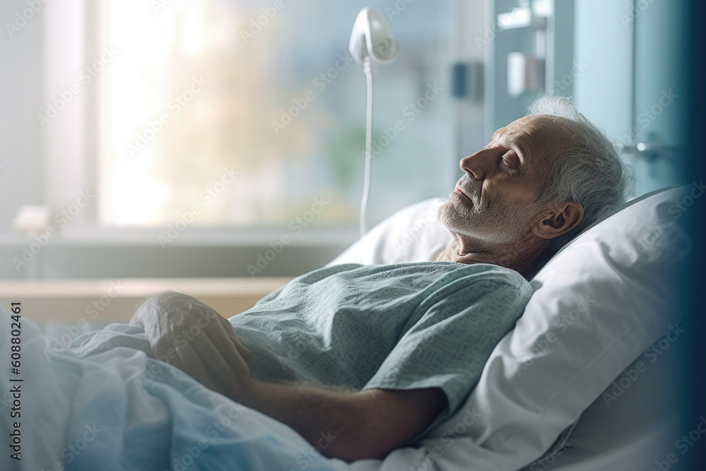Elderly patient sleeping on bed in hospital ward. Old years man in ...