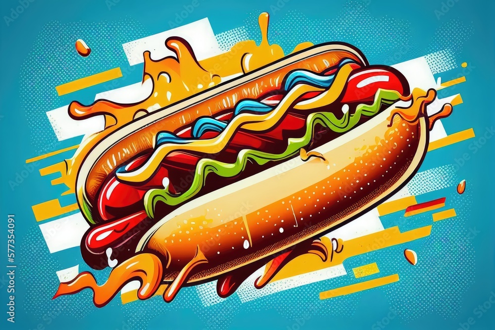 Hot dog on blue retro style background, fast food pop art ...