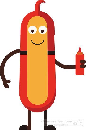 Hotdog Clipart-Smiling Hot Dog Character with Ketchup