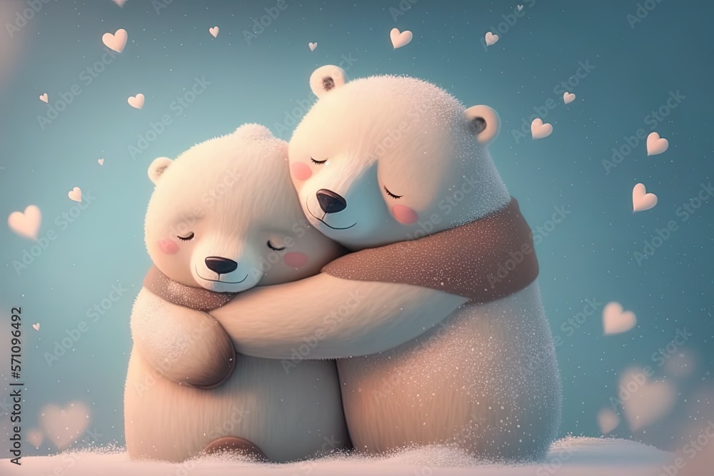 Two cute polar hug together in white snow background. Mother and ...
