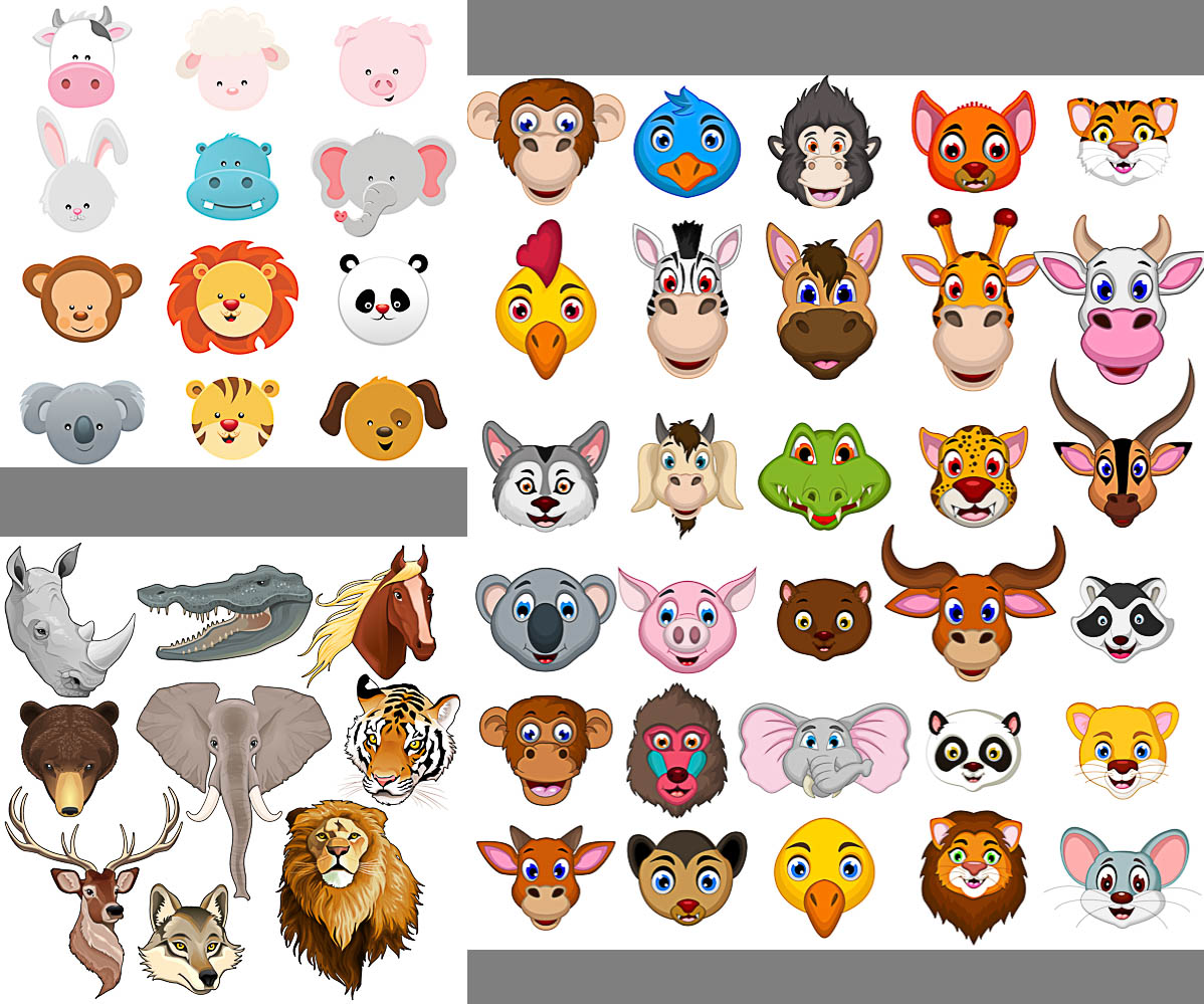 Cartoon animals heads with smile vector – Free Download ...